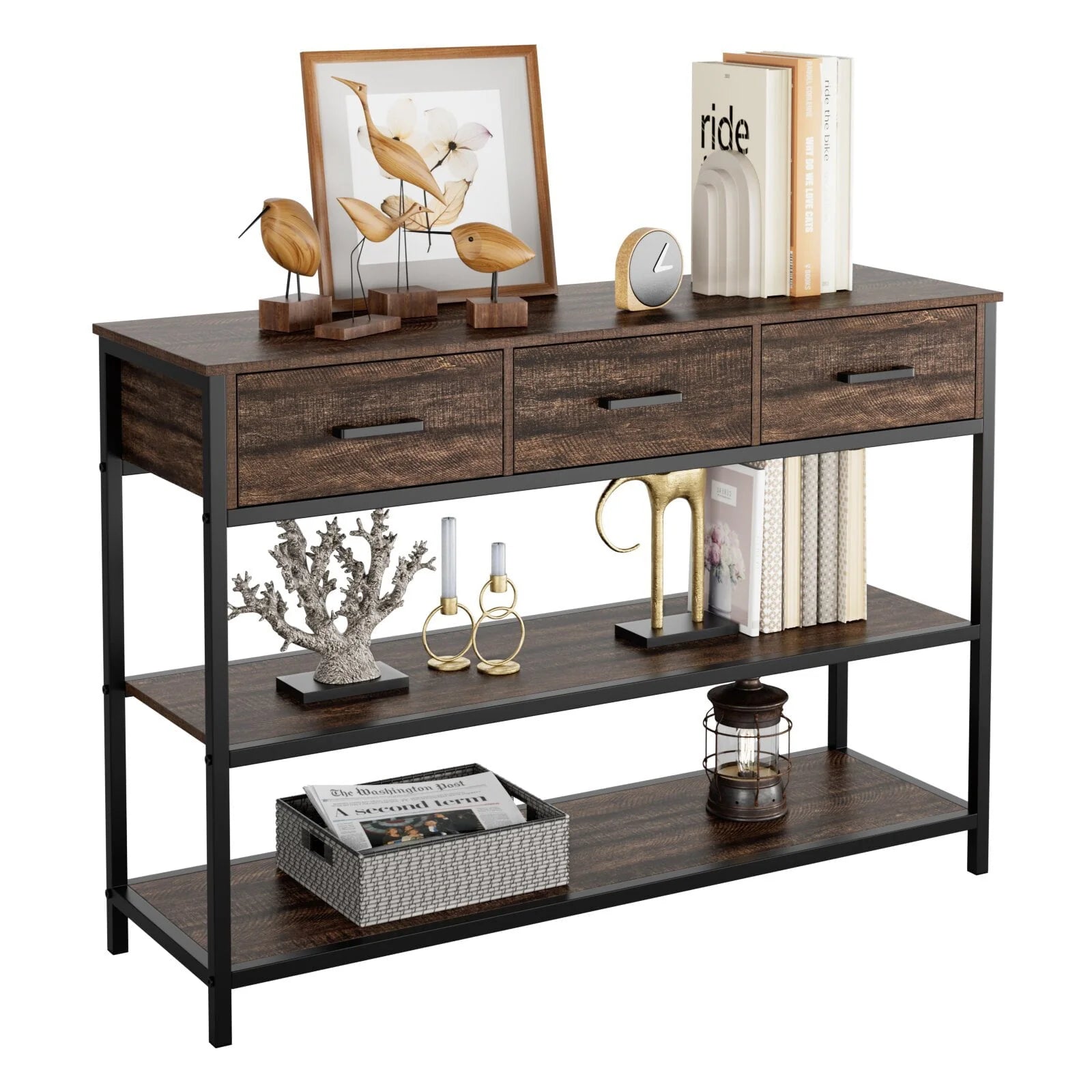 Homfa Console Table with Drawers, 43.3'' Hallway Entryway Table with 3 Tier Storage, Sofa Table for Living Room, Espresso