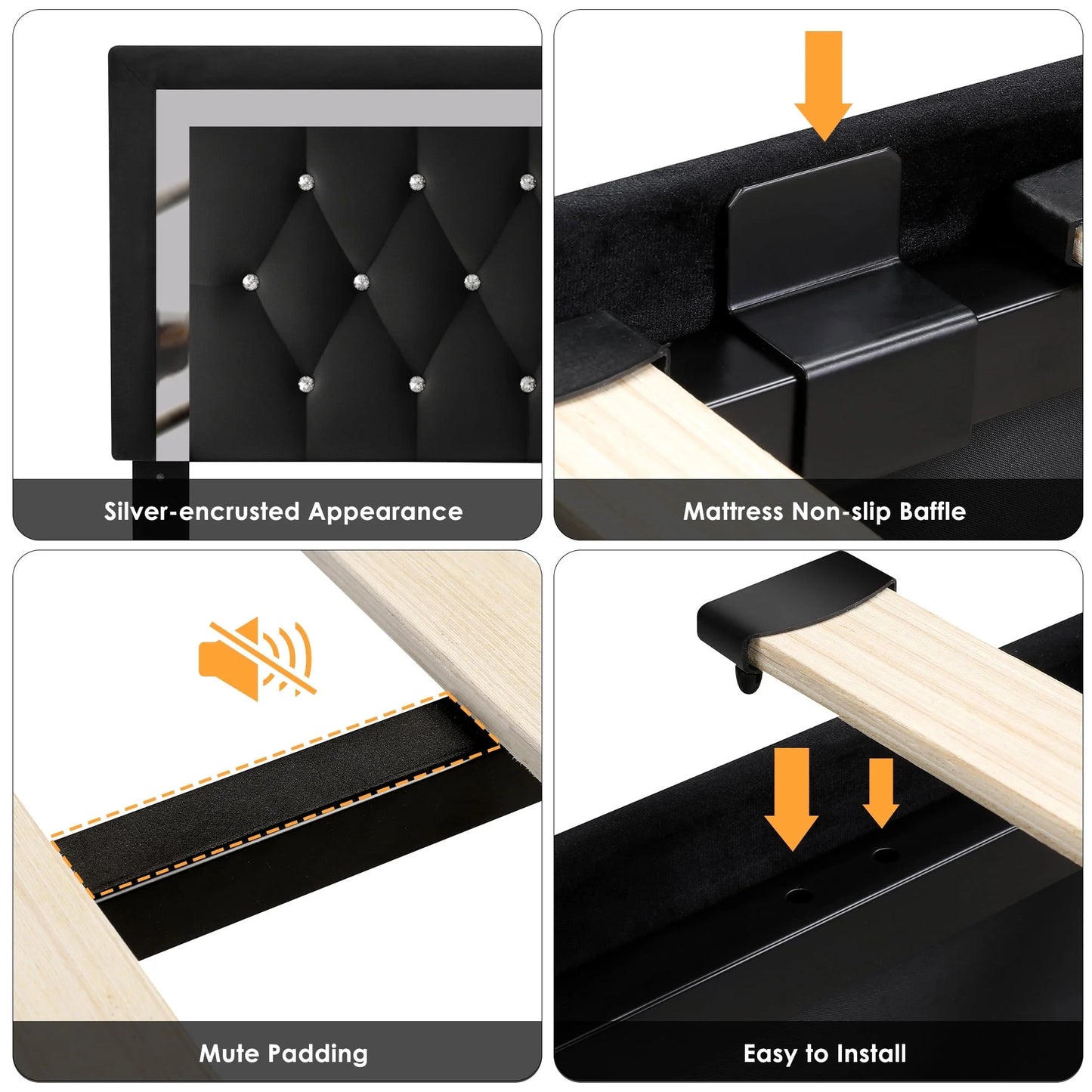 Homfa Queen Size Storage Bed with 4 Drawers, Crystal Buckle Upholstered Platform Bed Frame with Adjustable Headboard for Bedroom, Black