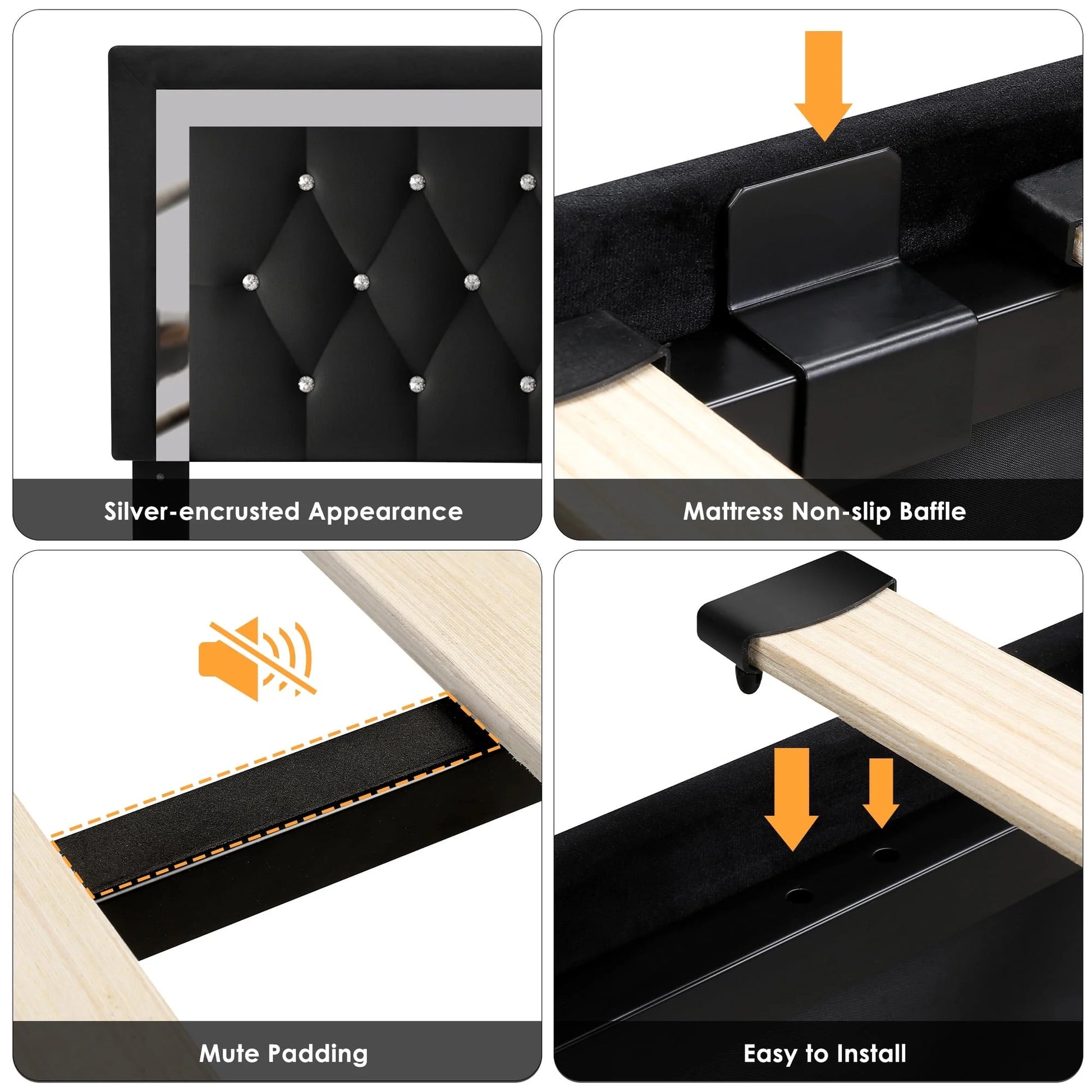 Homfa Queen Size Storage Bed with 4 Drawers, Crystal Buckle Upholstered Platform Bed Frame with Adjustable Headboard for Bedroom, Black