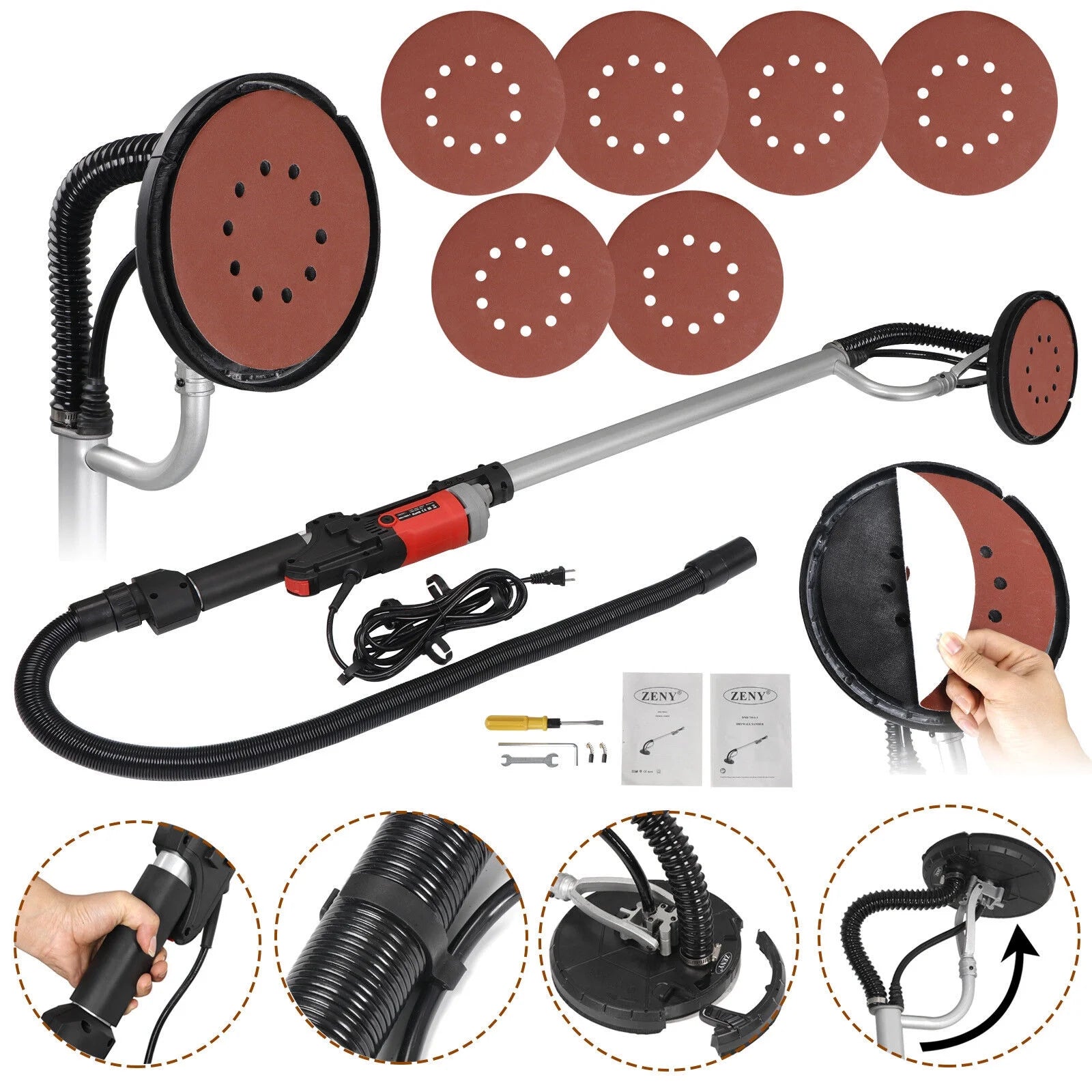 800W Electric Drywall Sander Adjustable Variable Speed with 6Pcs Sanding Pads
