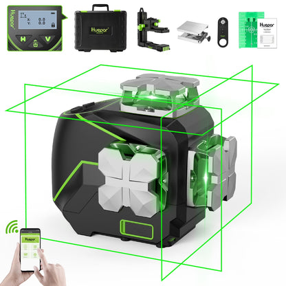 4D 16 Lines Self-Leveling Laser Level, 200Ft Green Beam 4 x 360° Cross Line Laser Level Tools with LCD Screen, Bluetooth and Magnetic Bracket