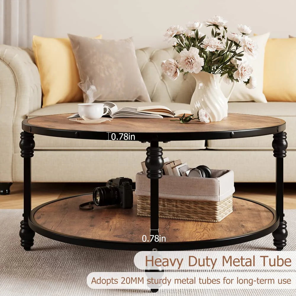 Round Coffee Table with Storage Shelf, Brown Wood 2 Tier Center Table with Metal Leg