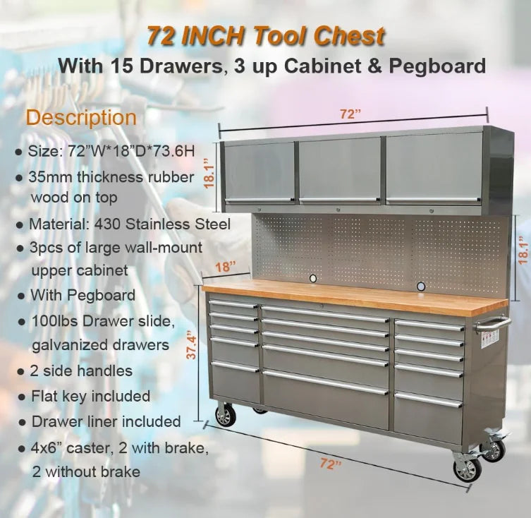 72 inch 11 Drawers Tool Chest with 3 Up Cabinet & Pegboard in Stainless Steel, Large Lockable Mobile Workbench with 6 Blue Storage Bins, Tool Box for Garage, Workshop (1 HTC7214W1+ 1 HTC7218W1)