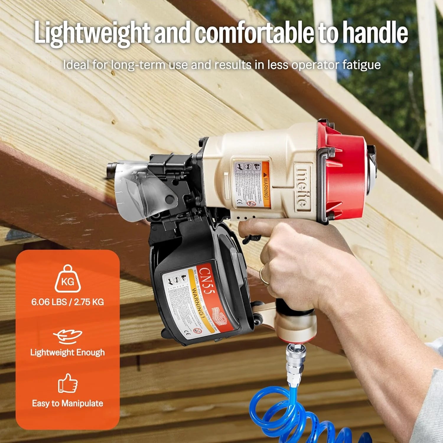 MEITE CN55 Pneumatic Coil Siding Nailer 15 Degree 1" to 2-1/4" Length Coil Nail Gun