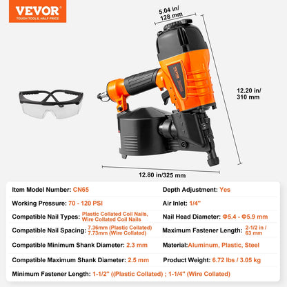 VEVOR Coil Siding Nailer CN65, 1-1/4" to 2-1/2" 15 Degree Pneumatic Siding Nail Gun with Tool-Less Depth Adjustment, 70-120PSI Air Coil Nailer for Siding, Pallet Sheathing, Wooding, Fencing