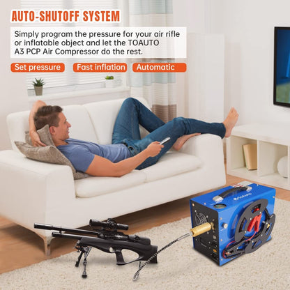 TOAUTO A3 PCP Air Compressor, Unique Vertical+Wire Spool Portable Design, Auto-Stop, Oil/Water-Free, 4500Psi/30Mpa, 8MM Quick-Connector for Paintball/PCP Air Rifle/Tank