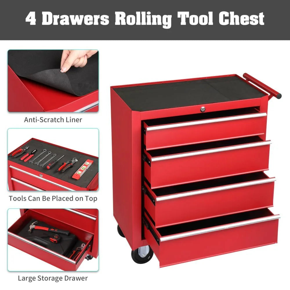 IVV 4-Drawer Rolling Tool Chest w/Lock & Key, Tool Storage Cabinet with Universal Wheels, Anti-Scratch Liners, Tool Organizer Box for Garage, Warehouse & Repair Shop, Red