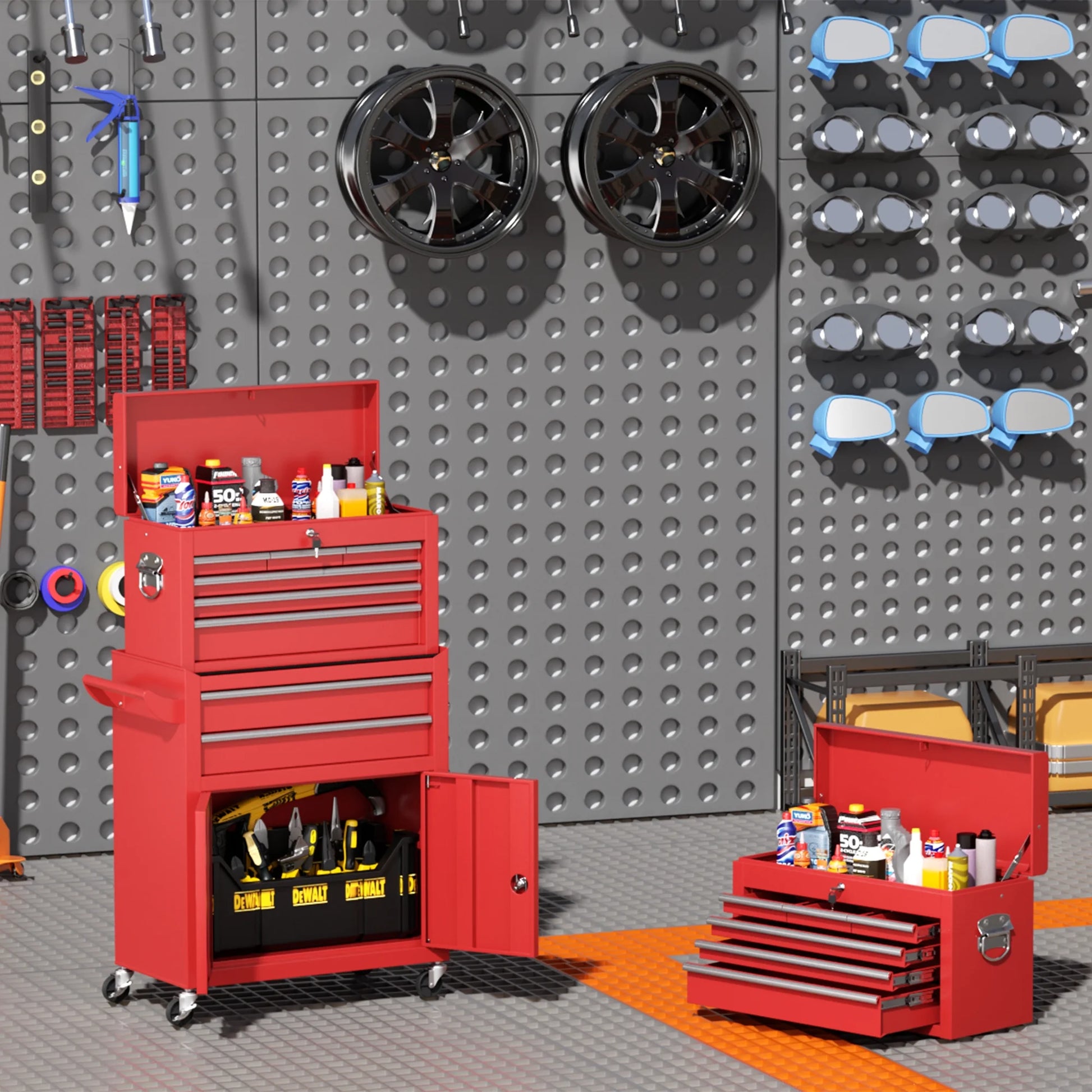SUNCROWN Tool Chest,8-Drawer Rolling Tool Chest with Detachable Top Tool Box, Tool Chest with Universal Lockable Wheels, Metal Tool Cart for Garage, Workshop, Barbershop(Red)