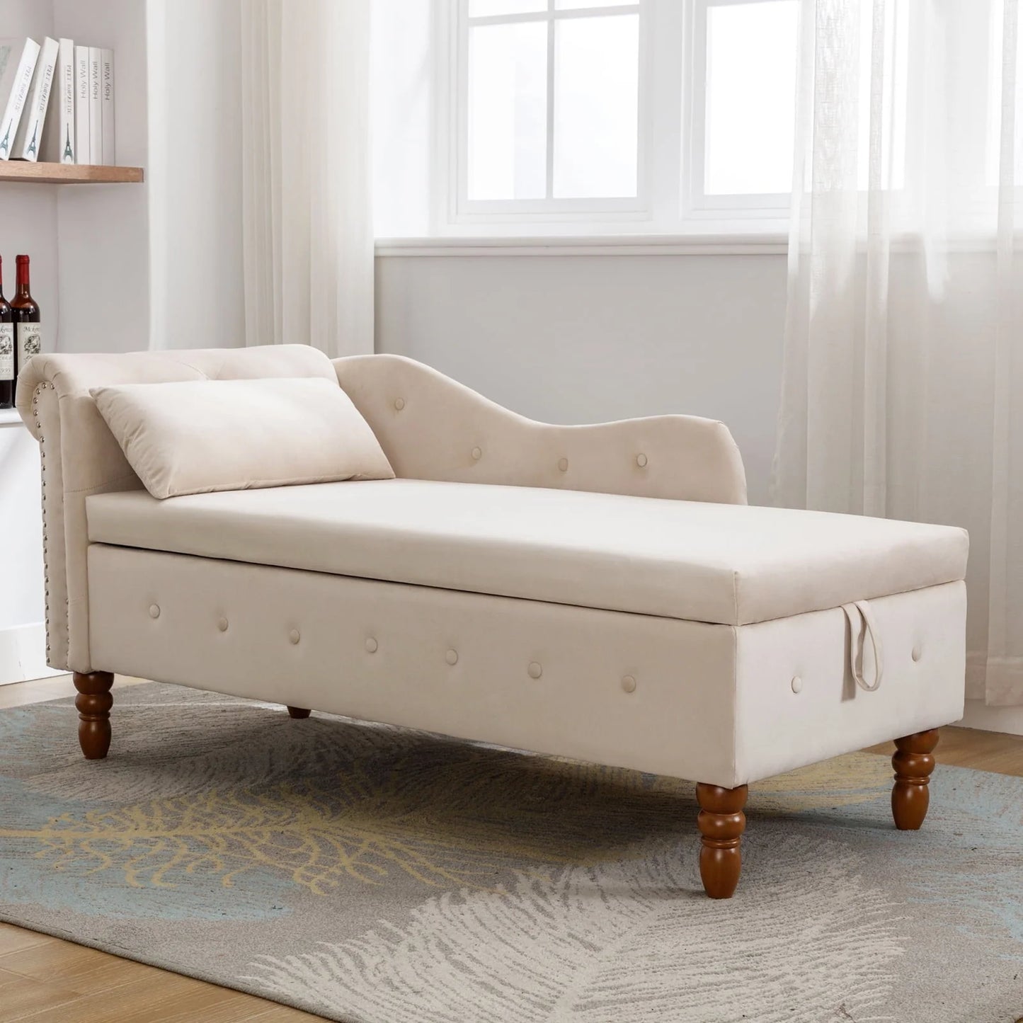 Beige Velvet Chaise Lounge Indoor - Modern Lounge Chair for Bedroom with Storage & Pillow, Nailhead Trim, Perfect for Living Room, Bedroom, Office, Comfortable & Durable