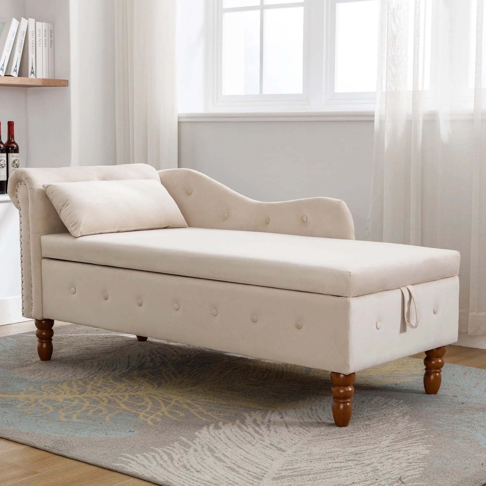 Beige Velvet Chaise Lounge Indoor - Modern Lounge Chair for Bedroom with Storage & Pillow, Nailhead Trim, Perfect for Living Room, Bedroom, Office, Comfortable & Durable