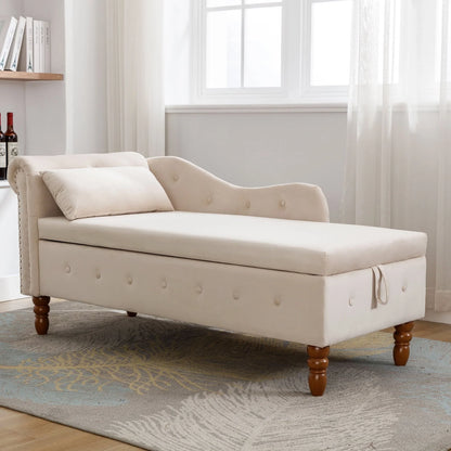Beige Velvet Chaise Lounge Indoor - Modern Lounge Chair for Bedroom with Storage & Pillow, Nailhead Trim, Perfect for Living Room, Bedroom, Office, Comfortable & Durable