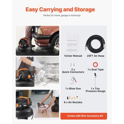KFFKFF 6-Gallon Portable Air Compressor, 1.7HP Motor, 2.3CFM@90PSI, 150PSI Max Pressure, Includes 12-Piece Accessory Kit and 25FT Air Hose for Tire Inflation, Painting, and Woodworking