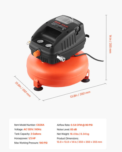 VEVOR 3 Gallon Air Compressor,1/3HP 0.54CFM @ 90PSI Portable Pancake Air Compressor & 100PSI Max Working Pressure, Oil-Free Compressor Tank for Tire Inflation, Spray Painting, Woodwork Nailing, 120V