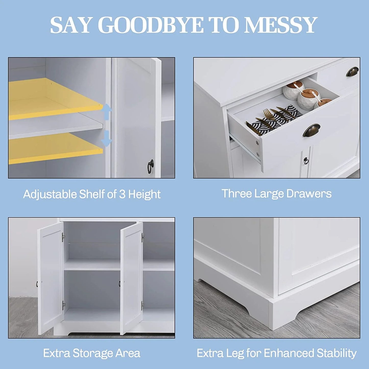 Erinnyees Sideboard Storage Cabinet with 3 Drawers and 3 Cabinets, Buffet Cabinet for Kitchen, Ding Room, Living Room, White