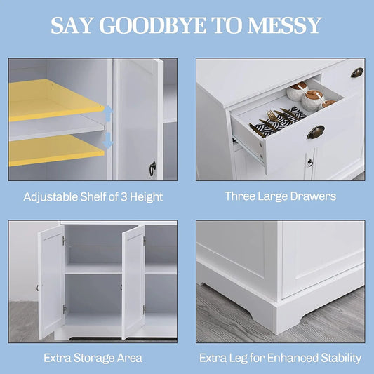 Erinnyees Sideboard Storage Cabinet with 3 Drawers and 3 Cabinets, Buffet Cabinet for Kitchen, Ding Room, Living Room, White