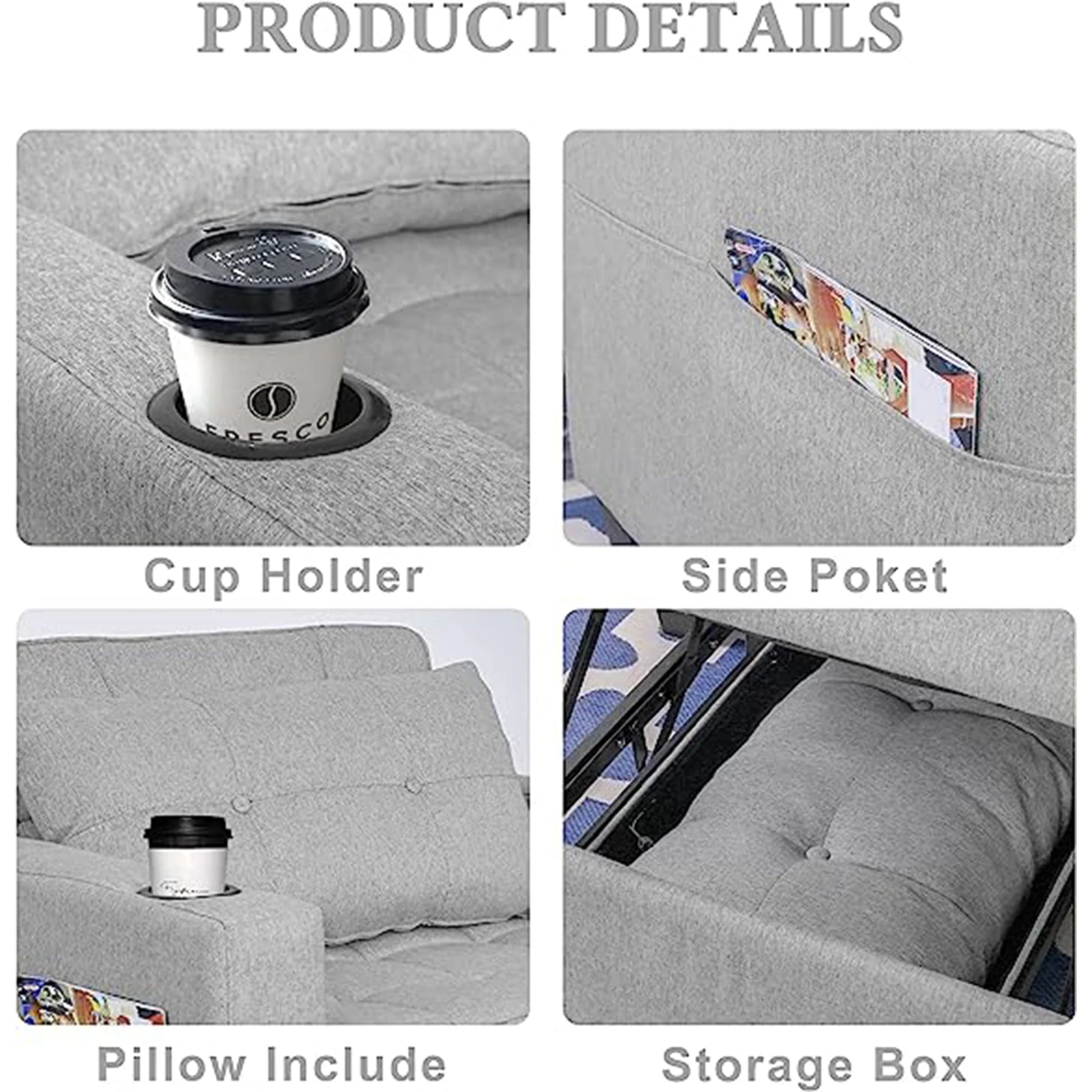 DURASPACE Accent Chair Chaise Lounge Indoor Arm Chair with USB Port, Cup Holder, Side Pocket, Storage, Pillow for Living Room Bedroom - Light Gray