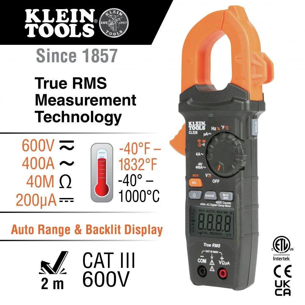 Klein Tools CL320 600V 400 Amp AC Auto-Ranging HVAC Digital Clamp Meter