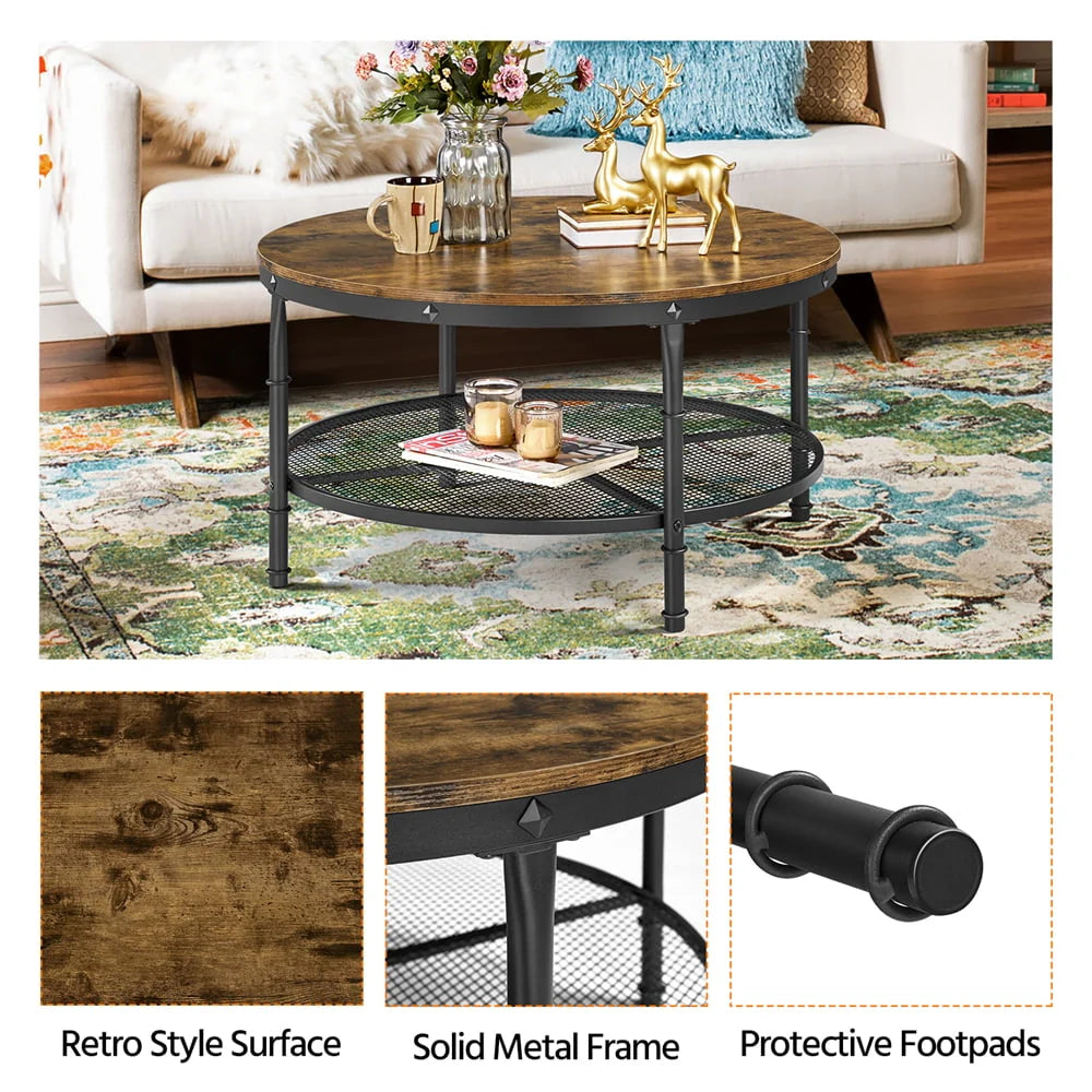 Smilemart Modern Round Metal Coffee Table with Storage Shelf, Rustic Brown