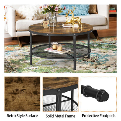 Smilemart Modern Round Metal Coffee Table with Storage Shelf, Rustic Brown