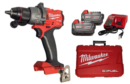 Milwaukee M18 FUEL 1/2" Hammer Drill Driver Kit - Compact, High-Torque Cordless Drill with (2) XC5.0 Batteries, M18/M12 Charger, & Hard Case - 2904-22