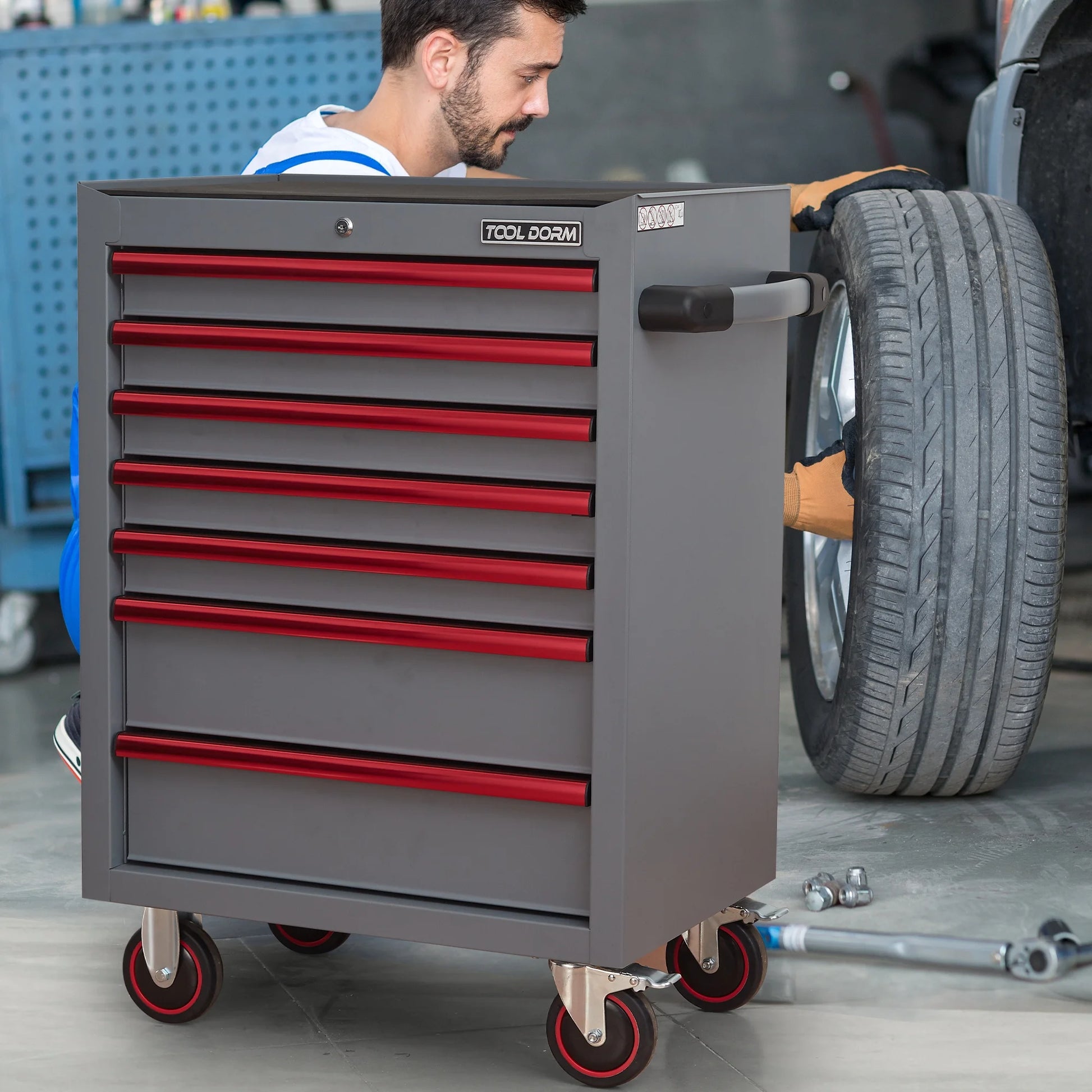 26.7inch Tool Cabinets Rolling Toolbox with 7 Drawers, Metal Tool Chest with Wheels, Gray Color, Tool Cart for Garage, Warehouse, Repair Shop, Workshop