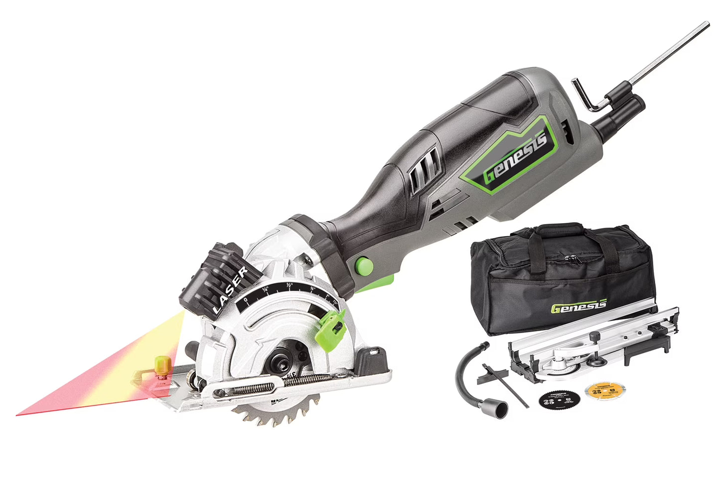 Genesis 3-1/2 in. Plunge Circular Saw Kit with Laser, Accessory Bag, Rip Guide, Miter Base, Vacuum Adapter, Diamond Blade, 44T and 24T blades