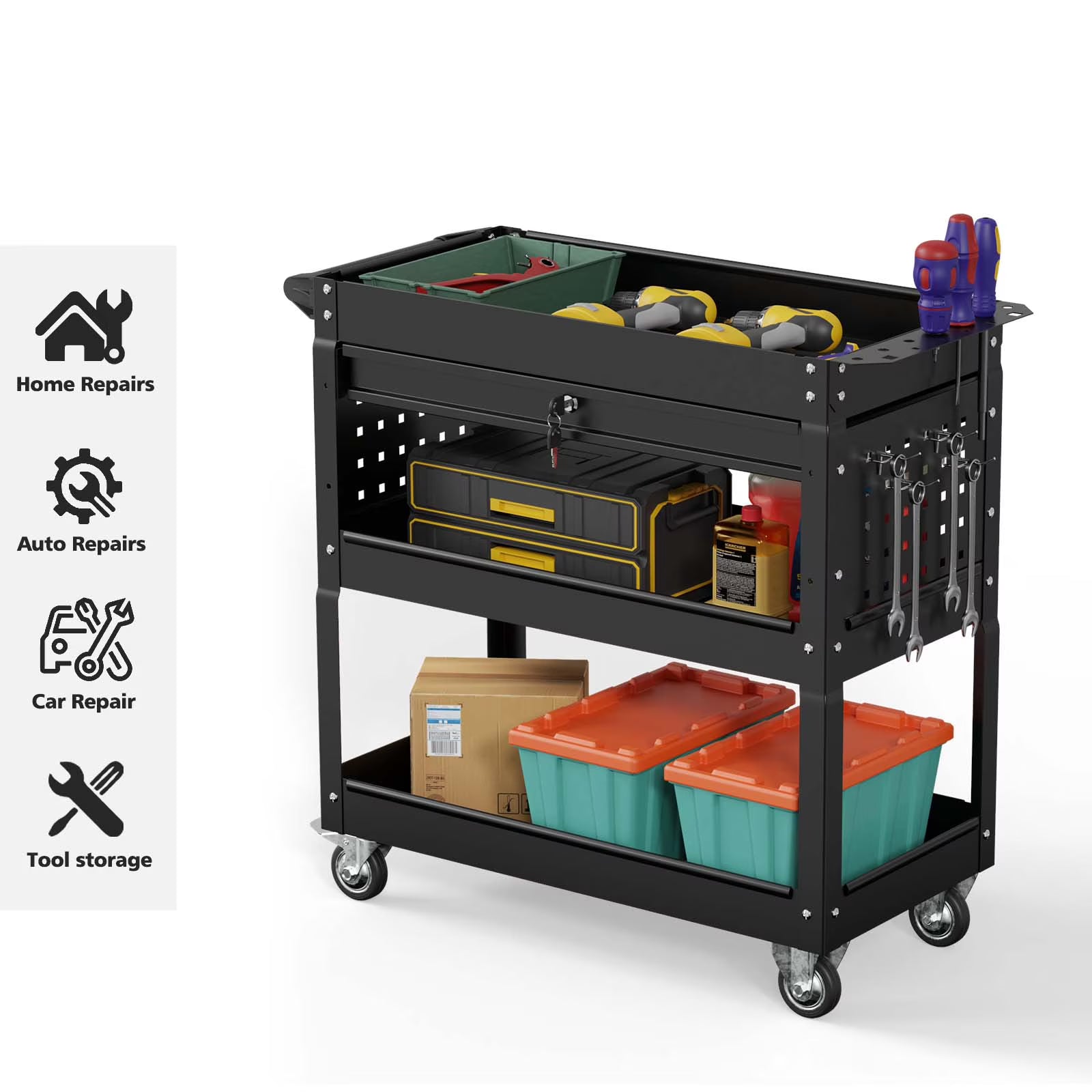 Odaof 4-Wheel Big Rolling Tool Storage Cart with Ball-Bearing Slides for Garage and Warehouse (Orange)