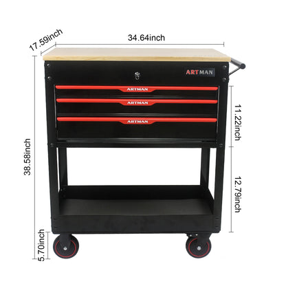 38-Inch Rolling Tool Chest, Tool Box with 3-Drawer, Multifunctional Mobile Tool Cabinet with Wheels and Wooden Top, Drawer Liner, Tool Cart for Workshop Mechanics Garage, Home Improvement