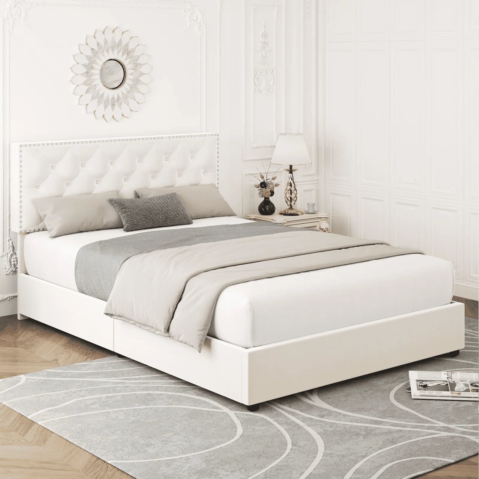 Homfa Queen Size Storage Bed with 4 Drawers, Button Tufted Upholstered Platform Bed Frame with Adjustable Headboard, Off-White