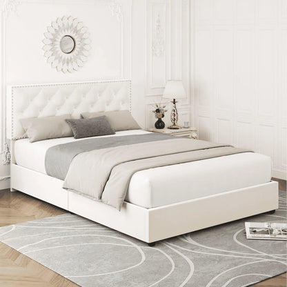 Homfa Queen Size Storage Bed with 4 Drawers, Button Tufted Upholstered Platform Bed Frame with Adjustable Headboard, Off-White