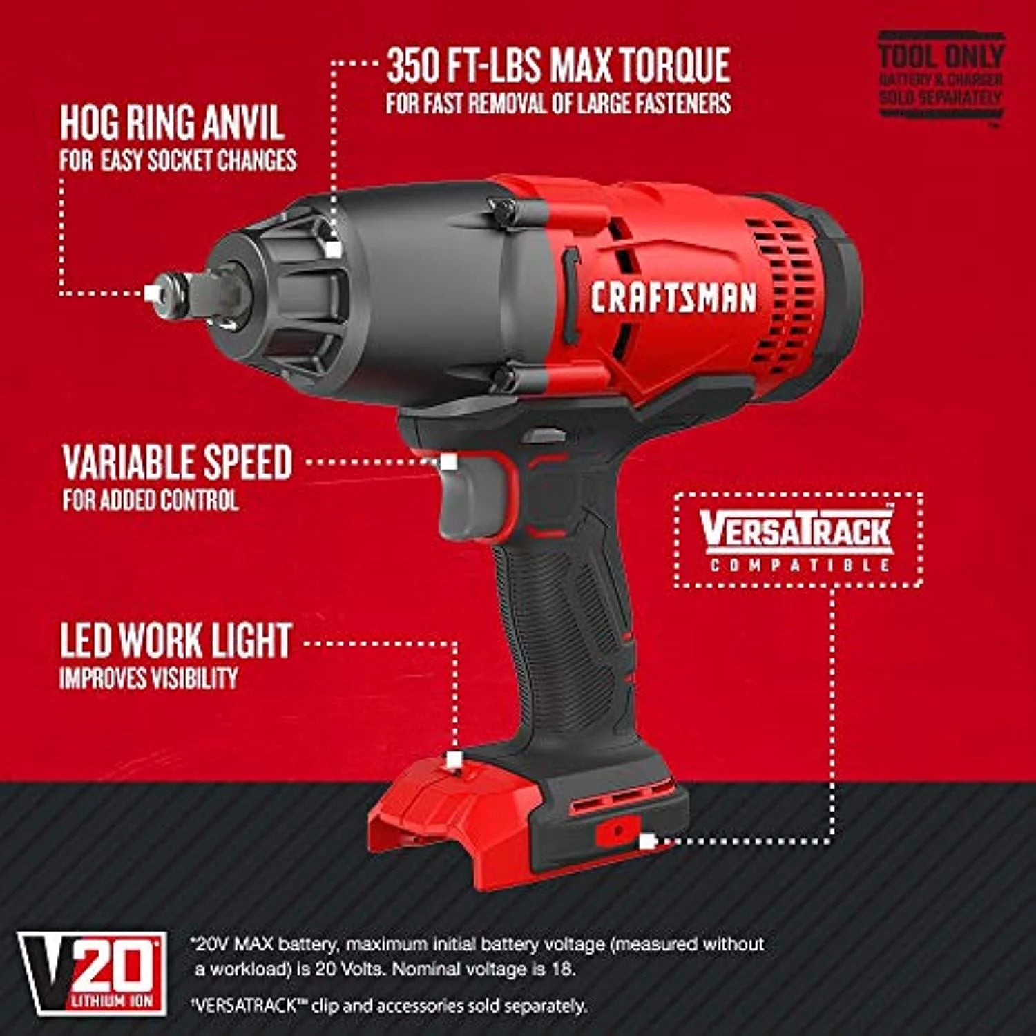 CRAFTSMAN V20 Cordless Impact Wrench, 1/2 inch, Bare Tool Only (CMCF900B)