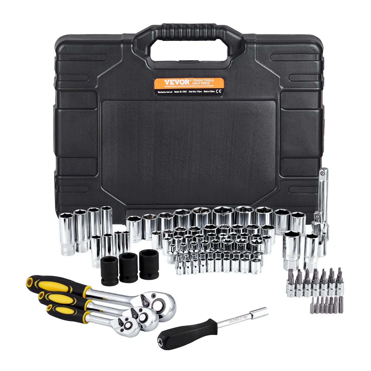 VEVOR 121-Piece Mechanics Tool Set, 1/4" 3/8" 1/2" Drive Sockets, SAE and Metric Mechanic Tool Kit with Bits, Wrenches, Ratchet Handle, Accessories, and Plastic Storage Case, for Automotive Repair