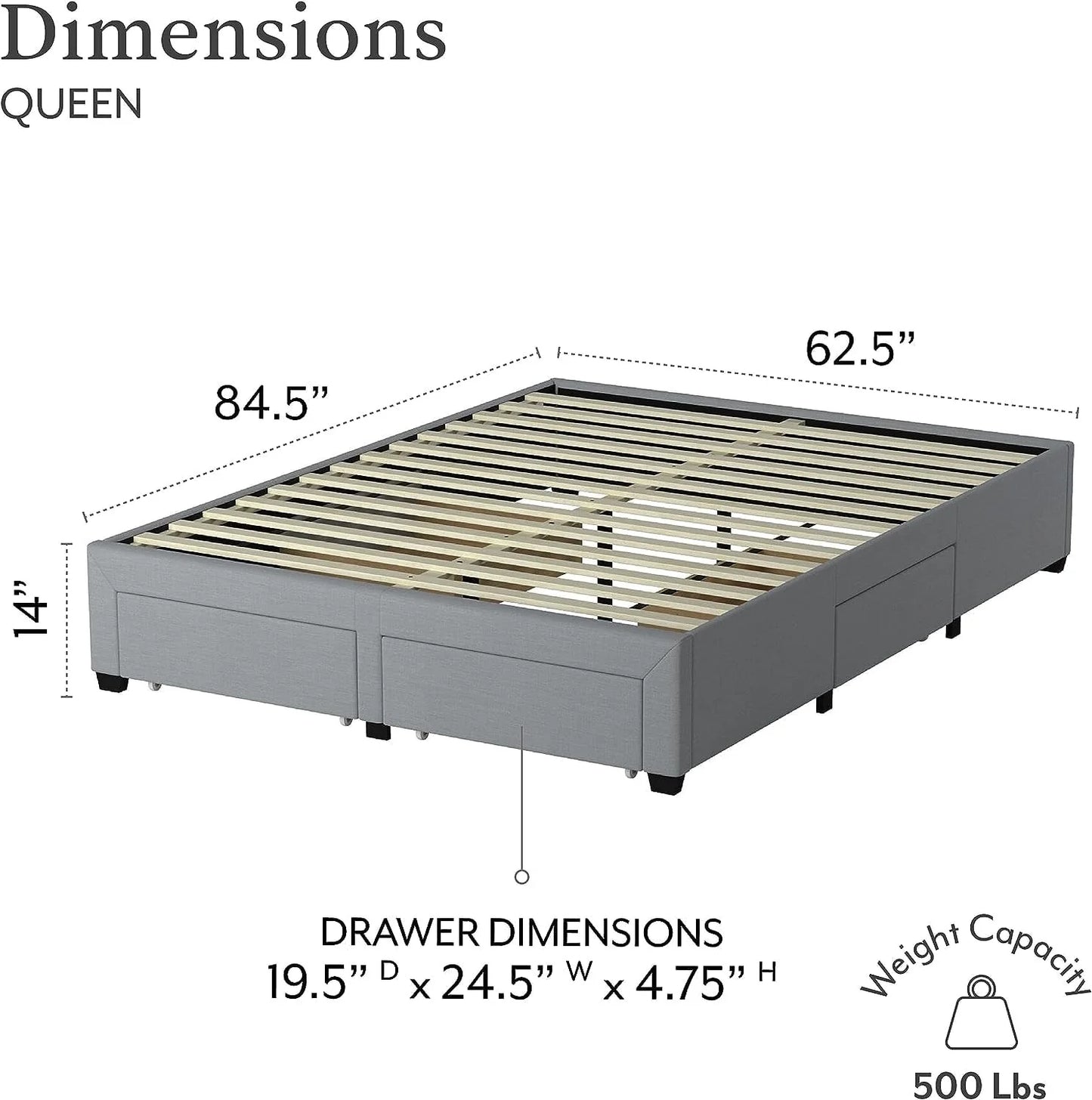 DG Casa Cosmo Upholstered Platform Bed Frame Base with Storage, Queen Size, Gray