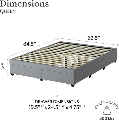 DG Casa Cosmo Upholstered Platform Bed Frame Base with Storage, Queen Size, Gray