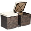 Costway 2PC Patio Rattan Ottoman Seat Side Table Storage Box Footrest Off White