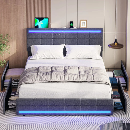 Full Size Bed Frame with 4 Storage Drawers, Platform Bed Frame with 2 USB Ports, Upholstered Bed with LED Headboard Footboard, Square Stitched Button Tufted Design, Dark Grey