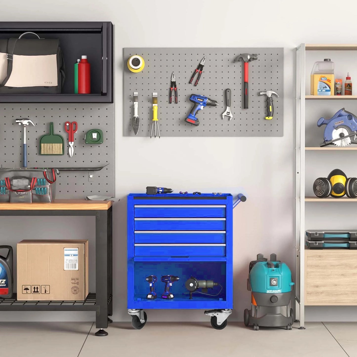 Aukfa Tool Chest, 24.5 in Steel Rolling Tool Box & Cabinet On Wheels for Garage, 4-Drawer, Blue