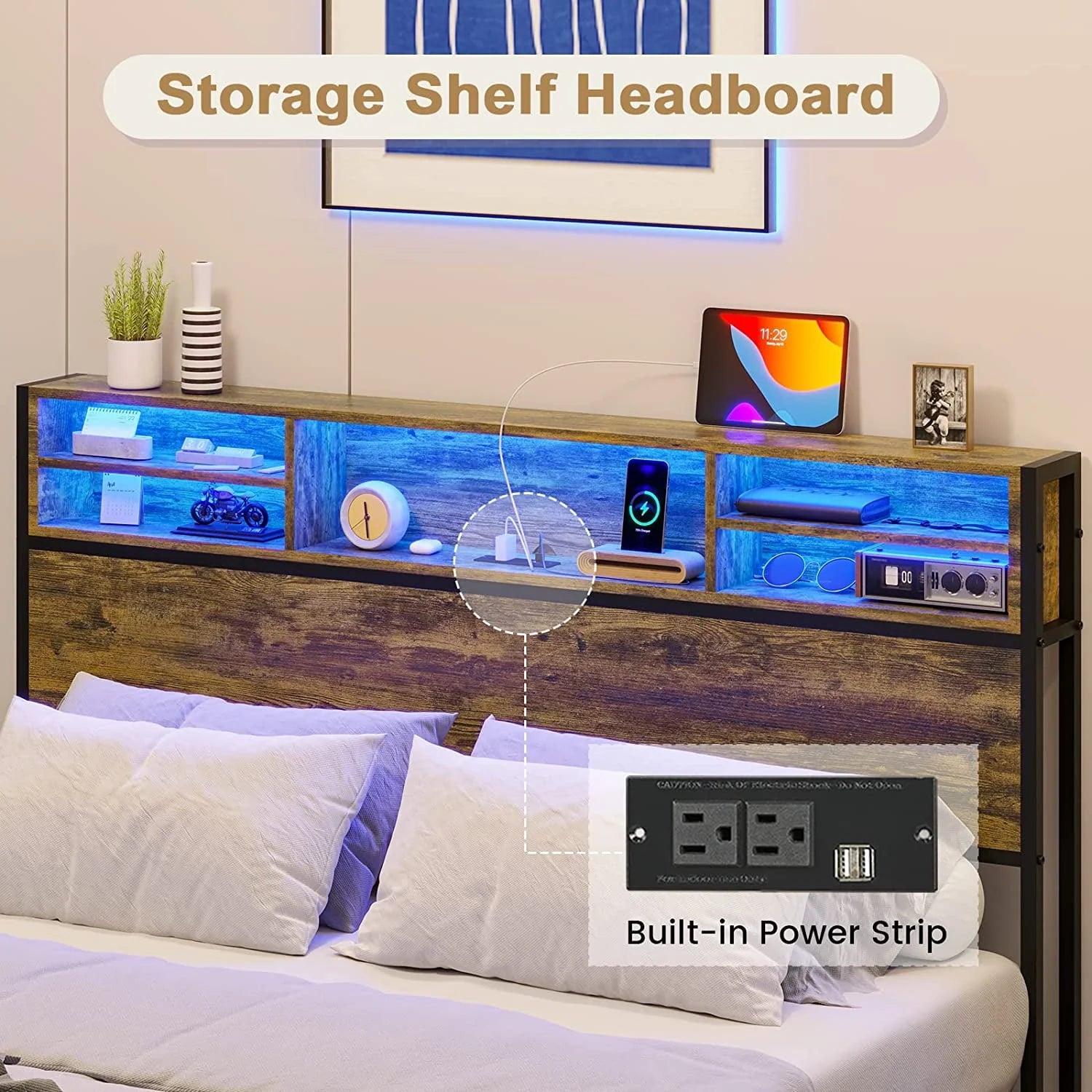 Full LED Bed Frame with Charging Station and Storage Headboard,Full Size Metal Platform Bed with LED Lights, Rustic Brown