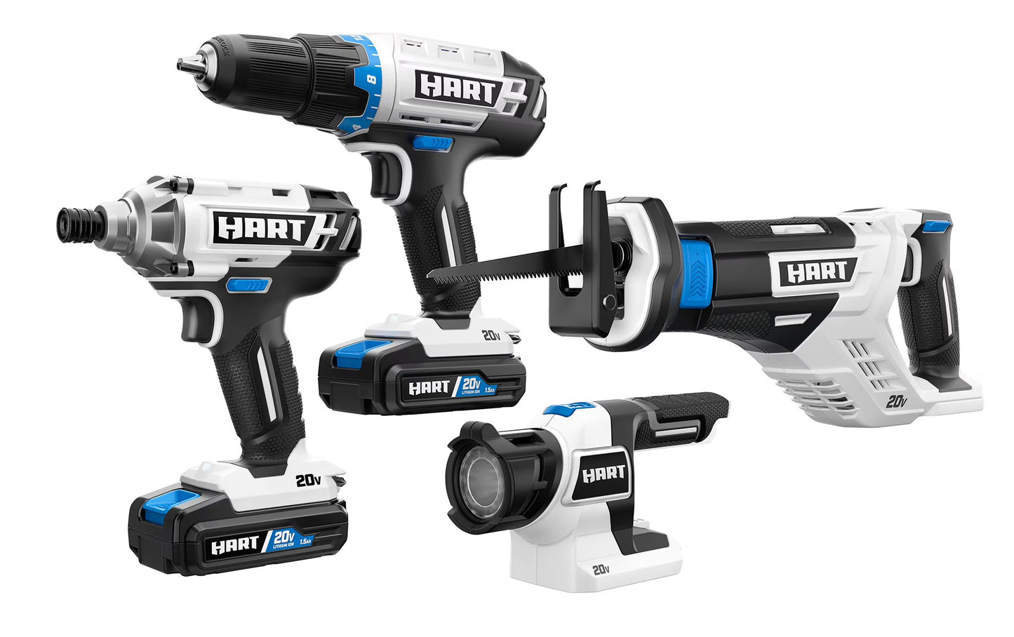 HART 20 Volts 4-Tool Battery-Powered Combo Kit, (2) 1.5Ah Lithium-Ion Batteries
