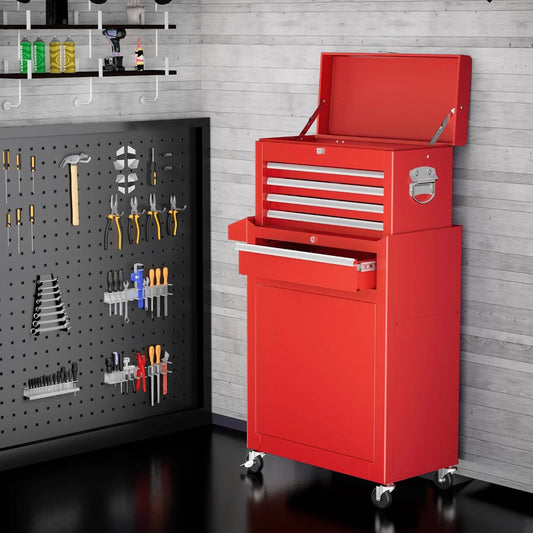 SOLAURA 5-Drawer Rolling Tool Chest Cabinet Metal Tool Storage Box Lockable with Wheels, Red