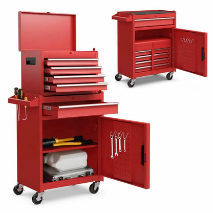 Demifill 2-in-1 Tool Chest and Cabinet with 5 Sliding Drawers, Large Storage Space and Detachable Design, Red