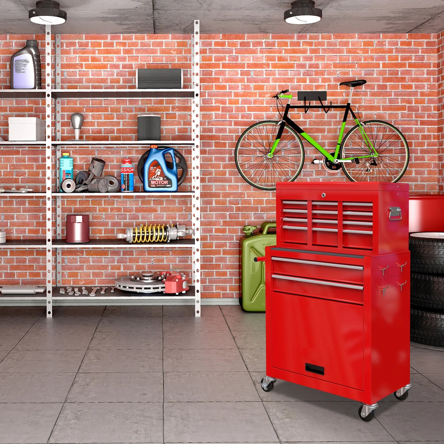 8-Drawer Rolling Tool Chest, 2-IN-1 Tool Chest and Cabinet Stainless Steel, Removable Tool Box Organizer On Wheels Large Cabinet and Sliding Drawers for Garage Workstation Workshop, Red
