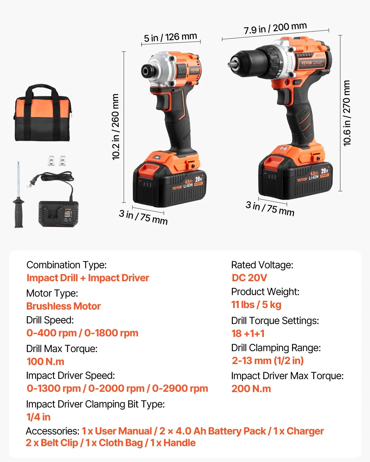 VEVOR Tool Combo Kit, 20V Max Cordless 2-Tool Combo Kit, with 1/2 in Impact Drill, 1/4 in Impact Driver, Compact Cordless Power Tool Combo Kit with 4.0 Ah Batteries