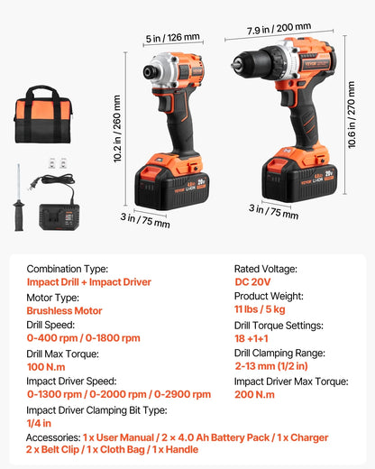 VEVOR Tool Combo Kit, 20V Max Cordless 2-Tool Combo Kit, with 1/2 in Impact Drill, 1/4 in Impact Driver, Compact Cordless Power Tool Combo Kit with 4.0 Ah Batteries