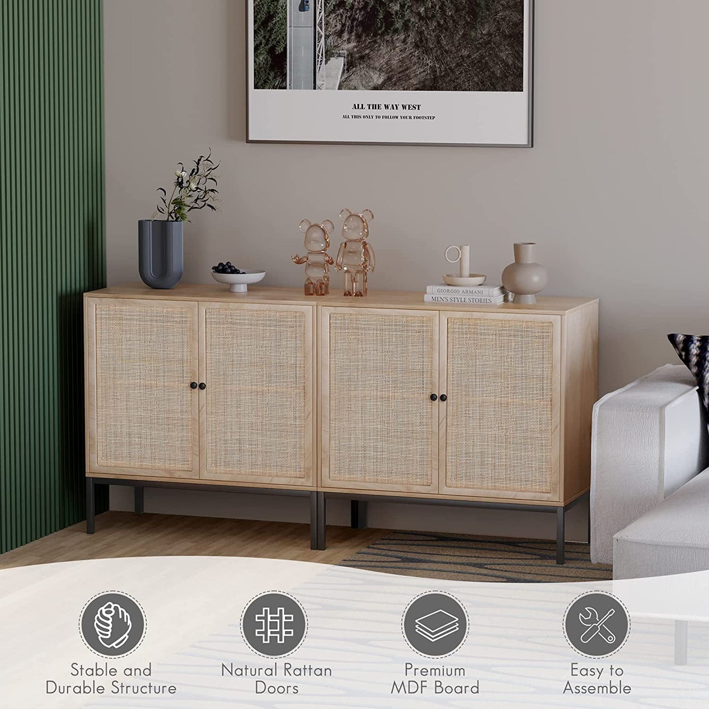 Buffet Sideboard Cabinets with Handmade Natural Rectangle Rattan Doors Set of 2, Accent Oak Color Entryway Chest Console Table with Storage Cabinet for Dining Room, Living Room, Kitchen
