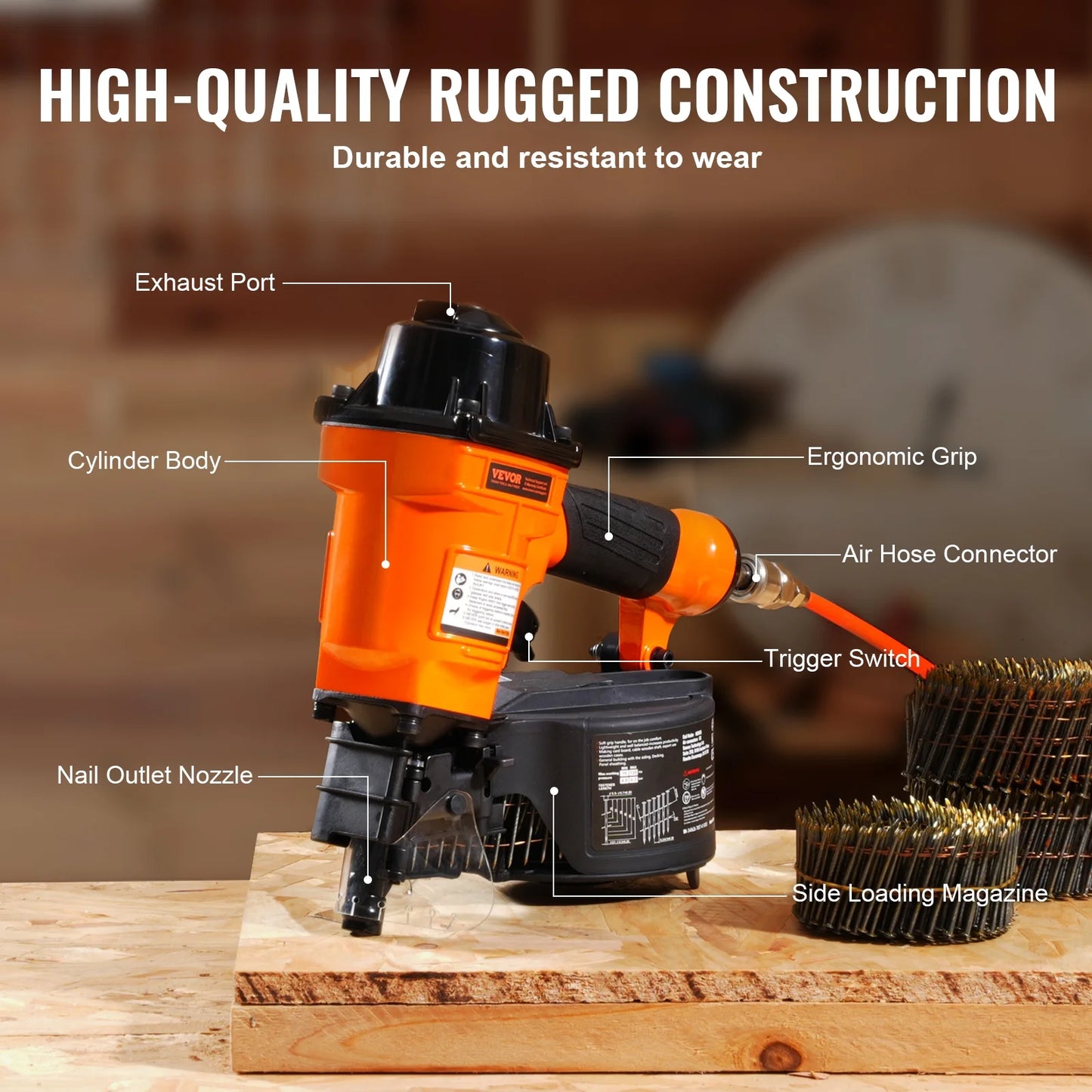 VEVOR Coil Siding Nailer MCN55, 1 inch to 2-1/4 inch 15 Degree Pneumatic Siding Nail Gun, 70-120PSI Air Coil Nailer for Siding, Pallet Sheathing, Fencing, Decking