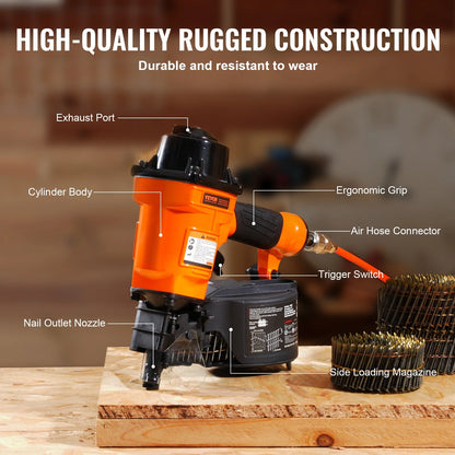 VEVOR Coil Siding Nailer MCN55, 1 inch to 2-1/4 inch 15 Degree Pneumatic Siding Nail Gun, 70-120PSI Air Coil Nailer for Siding, Pallet Sheathing, Fencing, Decking