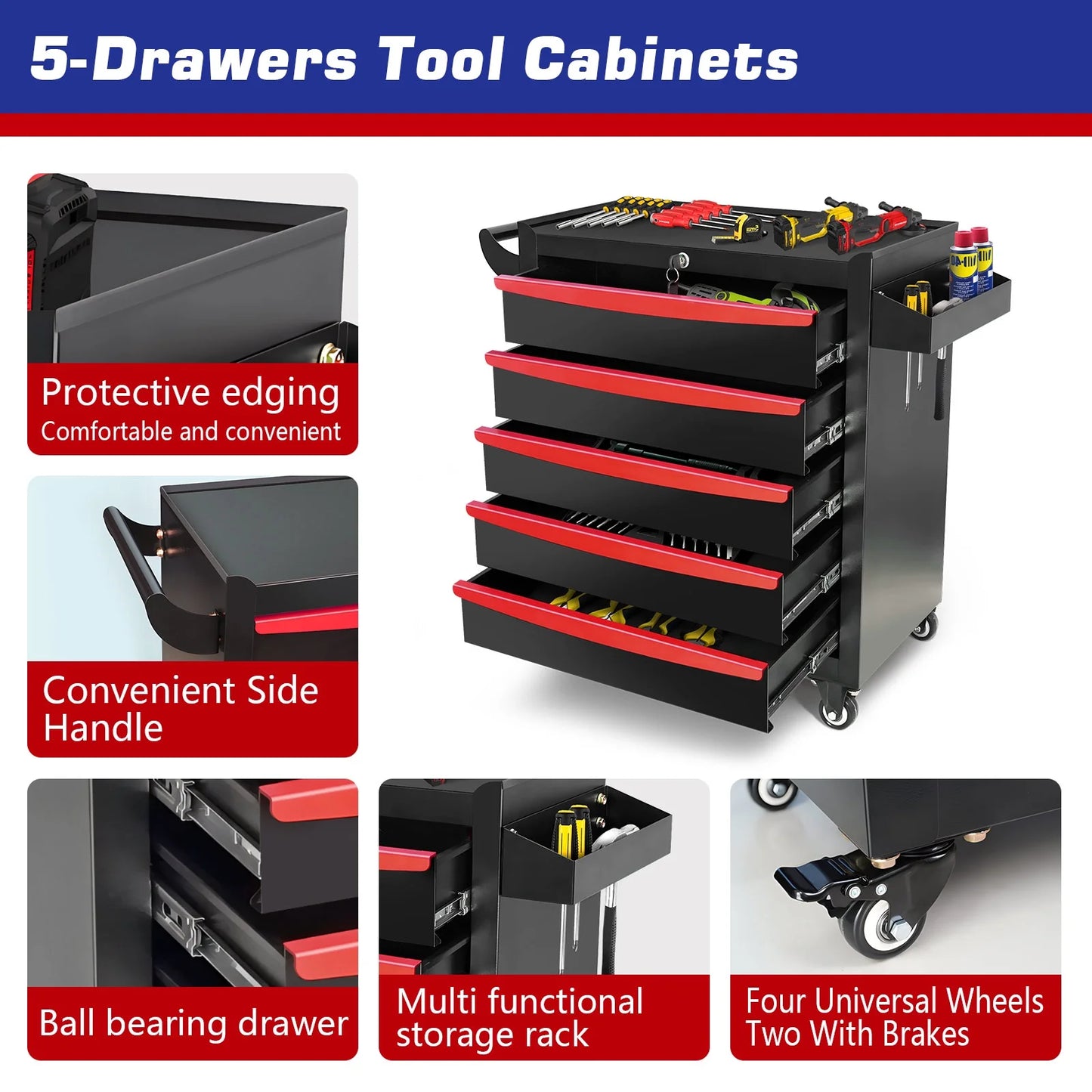 Seizeen Tool Box for Garage Organization, Heavy-Duty Red Tool Chest 5 Storage Drawer, Rooling Tool Cart Lockable for Repair Shop, Smooth Ball-Bearing Drawers