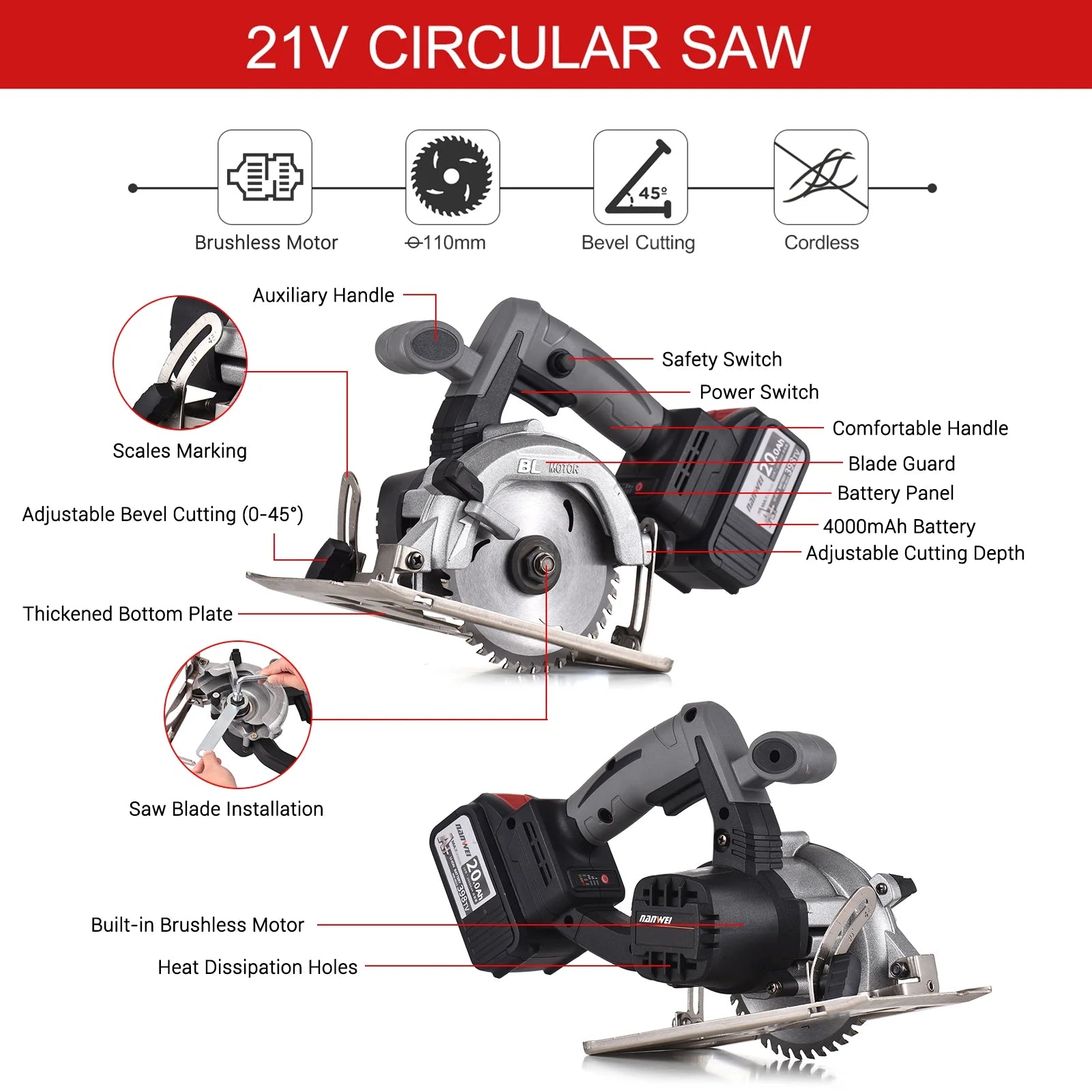 NANWEI Circular Saw Electric Saw 21V 7800RPM Cordless Brushless Tile Saw 45 Degree Adjustable Bevel Cutting with 110mm Blade
