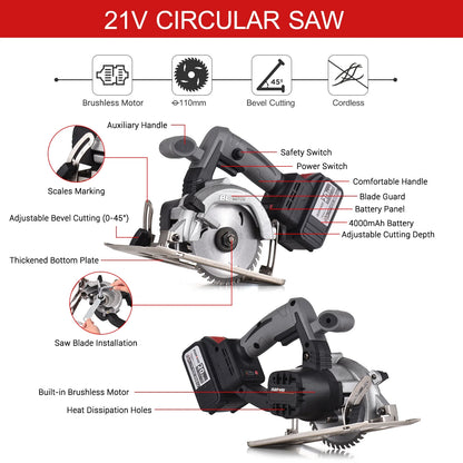 NANWEI Circular Saw Electric Saw 21V 7800RPM Cordless Brushless Tile Saw 45 Degree Adjustable Bevel Cutting with 110mm Blade